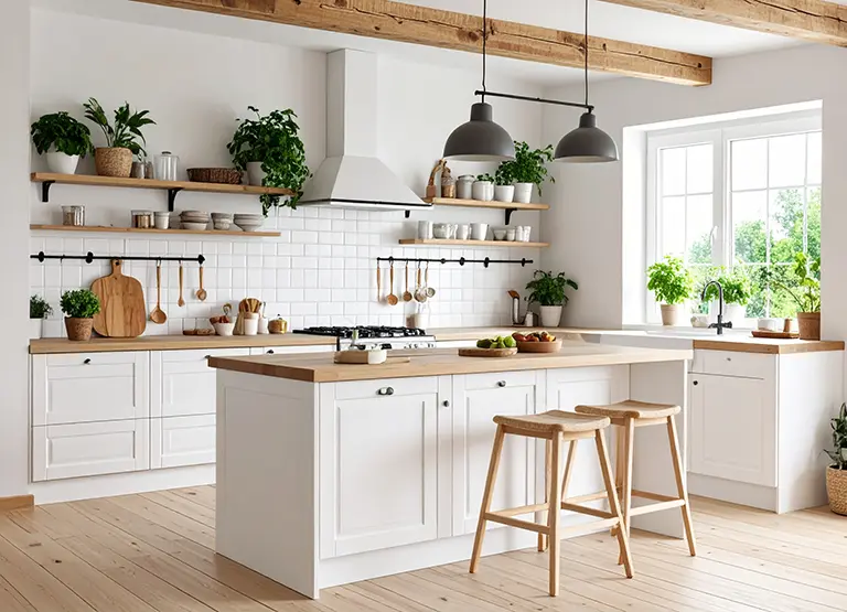 Küche mit weißen Fronten und Holzbalken im Skandinavien Stil