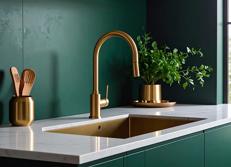 Detailaufnahme von goldenem Wasserhahn vor dunkelgrüner Wand in der Küche