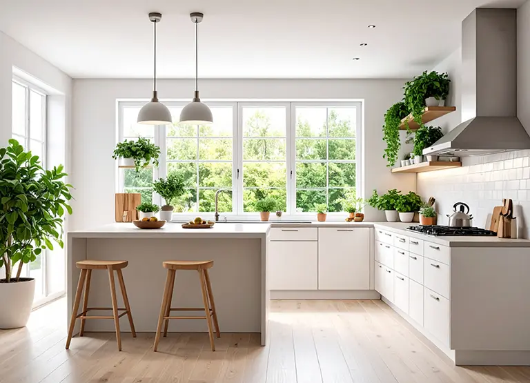 Moderne und helle Küche mit großen Fenstern und Pflanzen